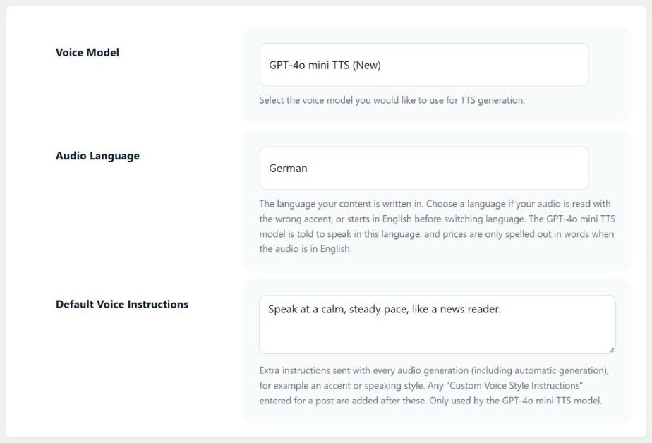 AI Text to Speech 3.3.0 settings with the new Audio Language option set to German and the PRO Default Voice Instructions field