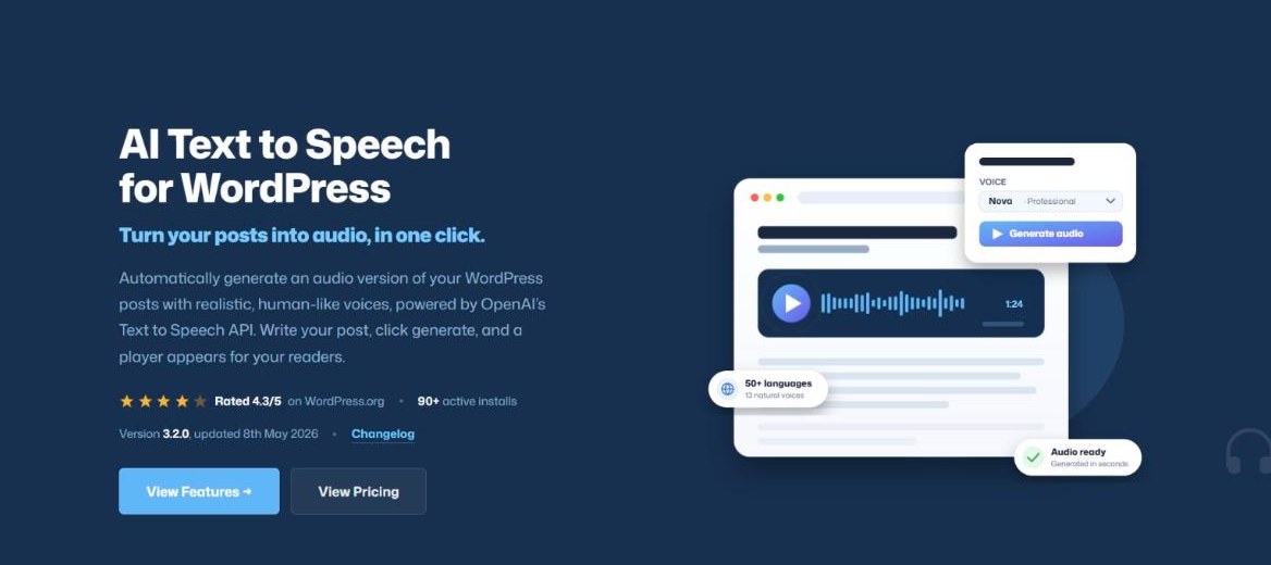 AI Text to Speech for WordPress plugin page by RelyWP, showing OpenAI-powered post narration with a voice picker and audio player