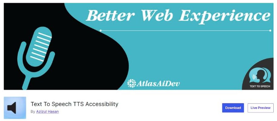 Text To Speech TTS Accessibility (AtlasVoice) plugin listing on WordPress.org, with the AtlasAiDev banner and plugin name