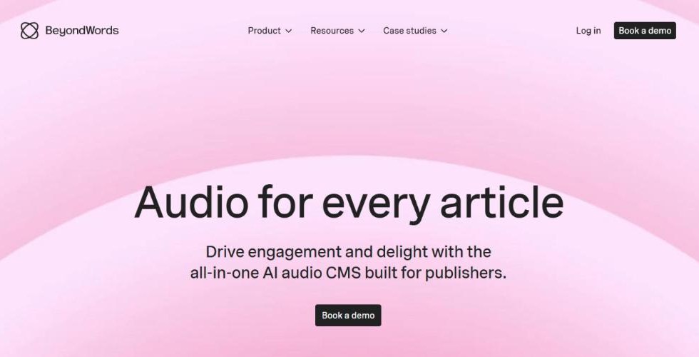 BeyondWords homepage, an AI audio platform for publishers, with the heading Audio for every article and a Book a demo button