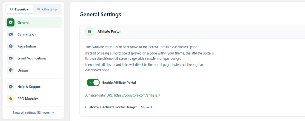 Coupon Affiliates settings menu with the Essentials view selected, showing only the main tabs and a link to show all settings