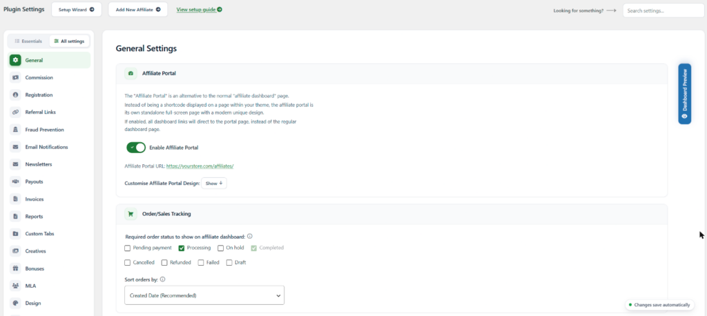 Coupon Affiliates settings page with a left menu of tab icons and settings split into cards