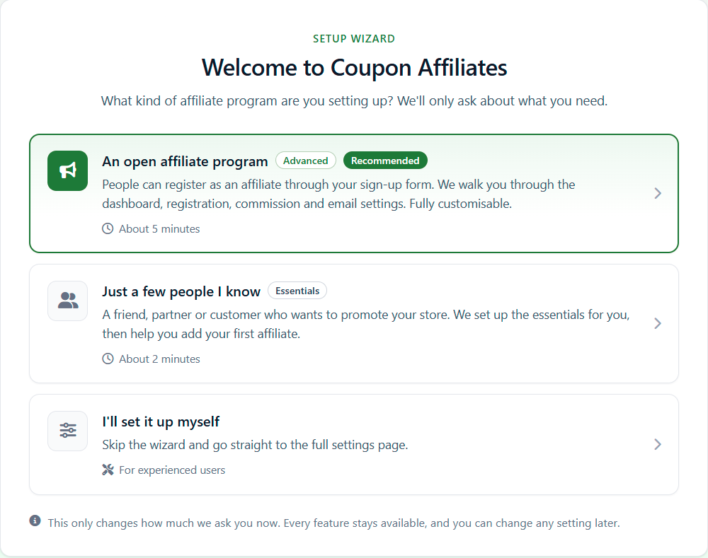 First step of the Coupon Affiliates setup wizard, asking whether you are setting up an open affiliate program, just a few people you know, or setting it up yourself