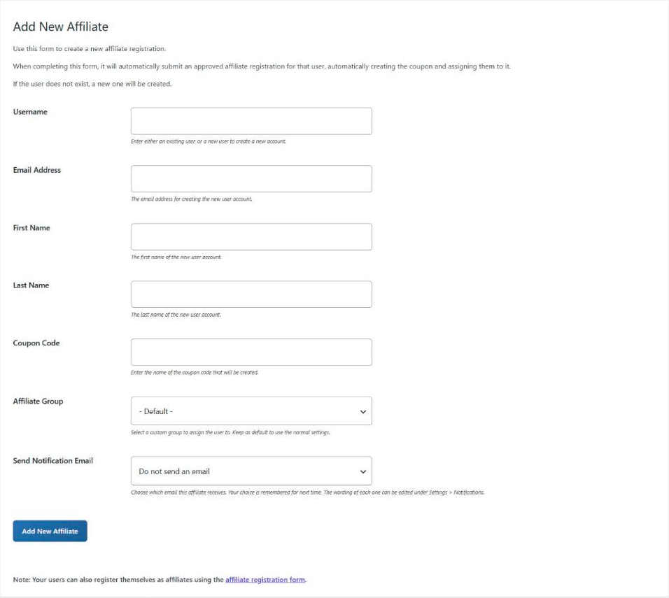 Coupon Affiliates Add New Affiliate admin page, with Username, Email Address, First Name, Last Name, Coupon Code, Affiliate Group and Send Notification Email fields