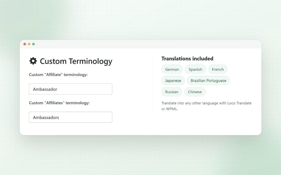 Custom terminology settings in Coupon Affiliates, with Affiliate renamed to Ambassador and Affiliates renamed to Ambassadors