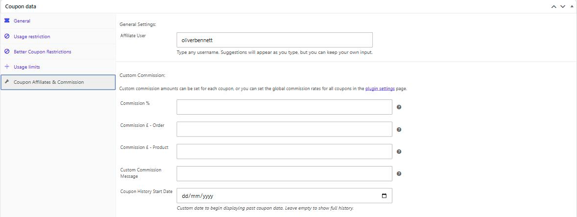 Editing a WooCommerce coupon, with the Coupon Affiliates & Commission tab open showing the Affiliate User field and custom commission fields