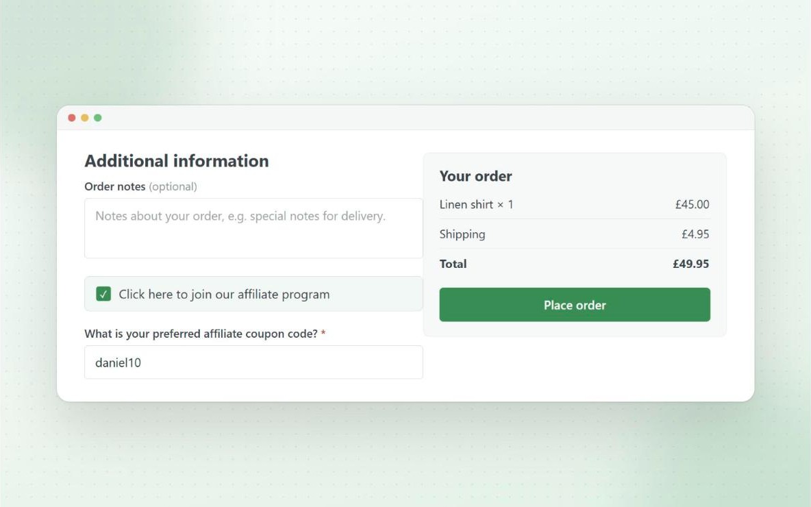 WooCommerce checkout with a ticked checkbox to join the affiliate program and a field for the customer's preferred coupon code