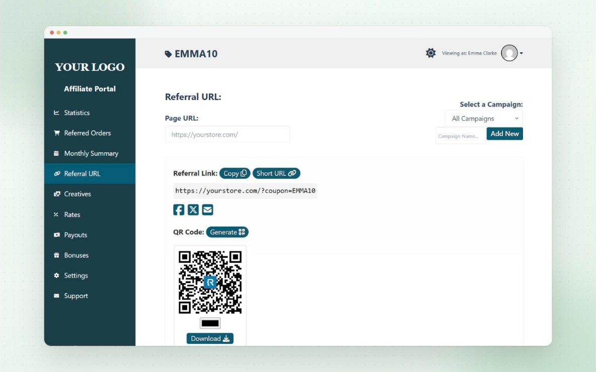 Referral URL tab in the Coupon Affiliates affiliate portal, with the affiliate's referral link for coupon EMMA10, Copy and Short URL buttons, social sharing icons and a QR code