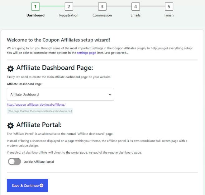 Coupon Affiliates setup wizard step 1, showing the Affiliate Dashboard Page dropdown and the Enable Affiliate Portal toggle