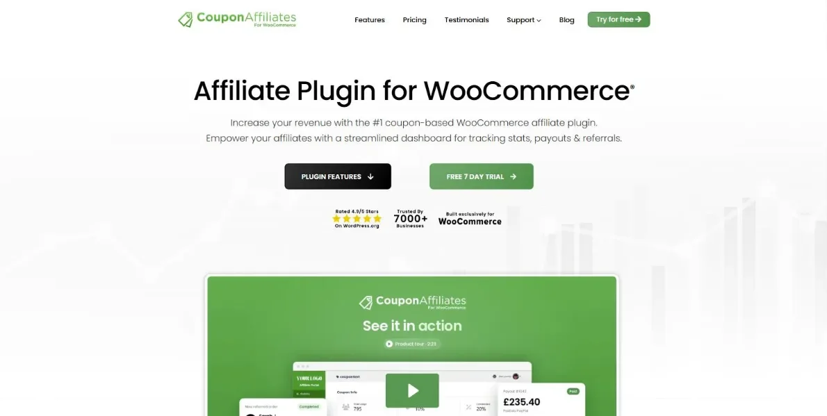 Coupon Affiliates website homepage, the coupon-based affiliate plugin for WooCommerce