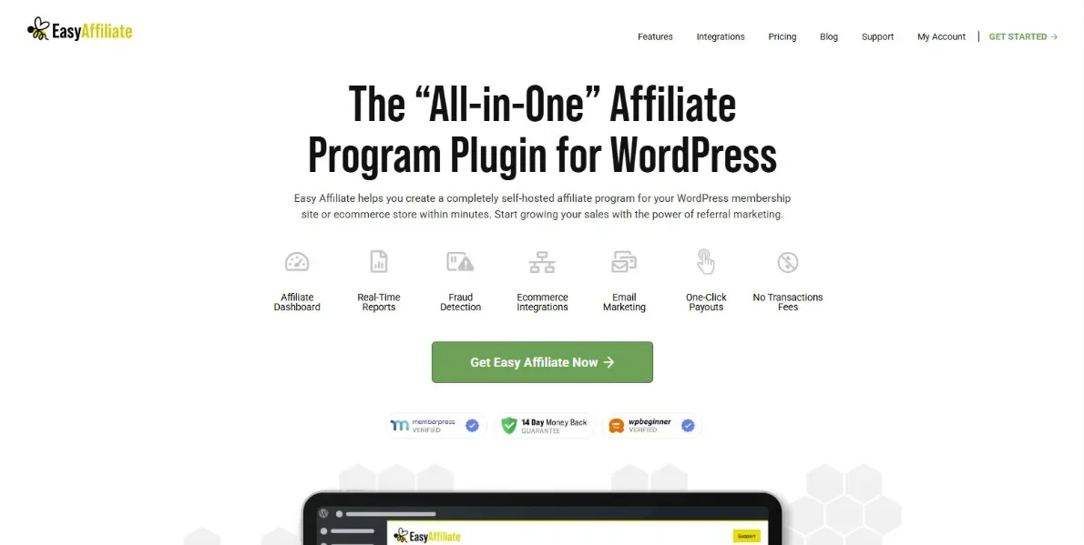 EasyAffiliate website homepage, an all-in-one affiliate program plugin for WordPress