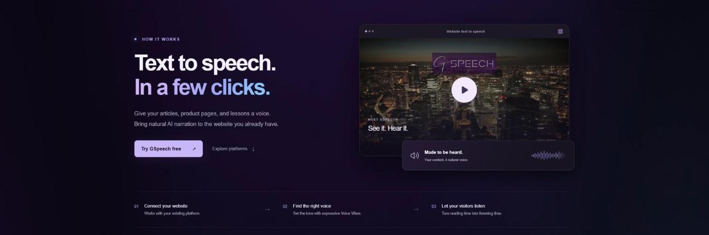 GSpeech homepage, a hosted text to speech service with a WordPress plugin, showing its website audio player