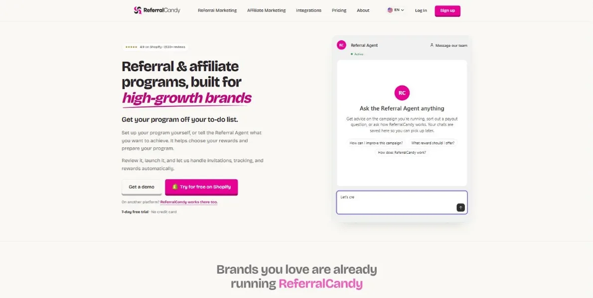 ReferralCandy website homepage, referral and affiliate program software for ecommerce brands