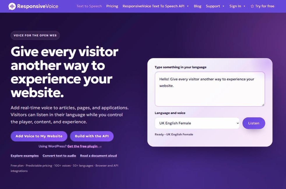 ResponsiveVoice homepage with a live text to speech demo box, a language and voice picker, and a link to its free WordPress plugin