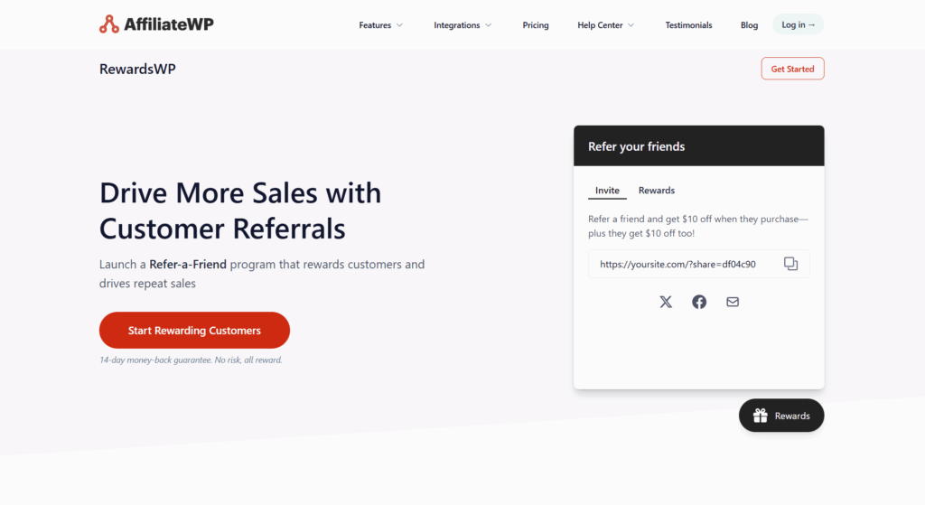 RewardsWP website, a loyalty points and refer-a-friend plugin from the team behind AffiliateWP