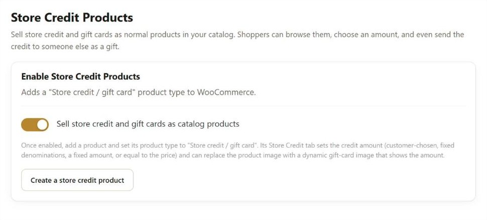 Store Credit Products settings in Simple Store Credit with the toggle to sell store credit and gift cards as catalog products switched on
