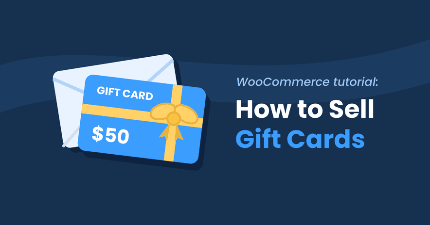 A blue gift card with a gold ribbon and a 50 dollar value in front of an envelope, next to the title How to Sell Gift Cards