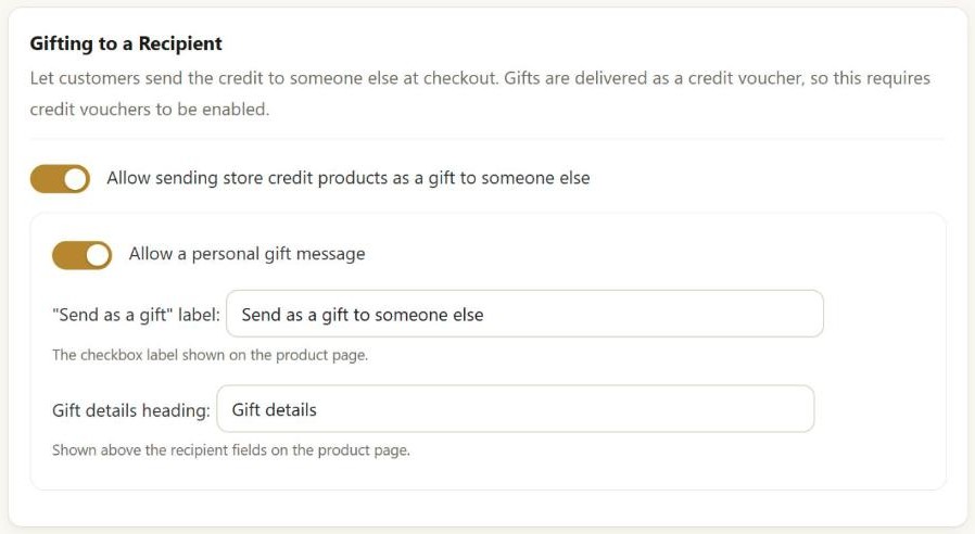 Gifting to a Recipient settings with the options to send store credit products as a gift and to allow a personal gift message