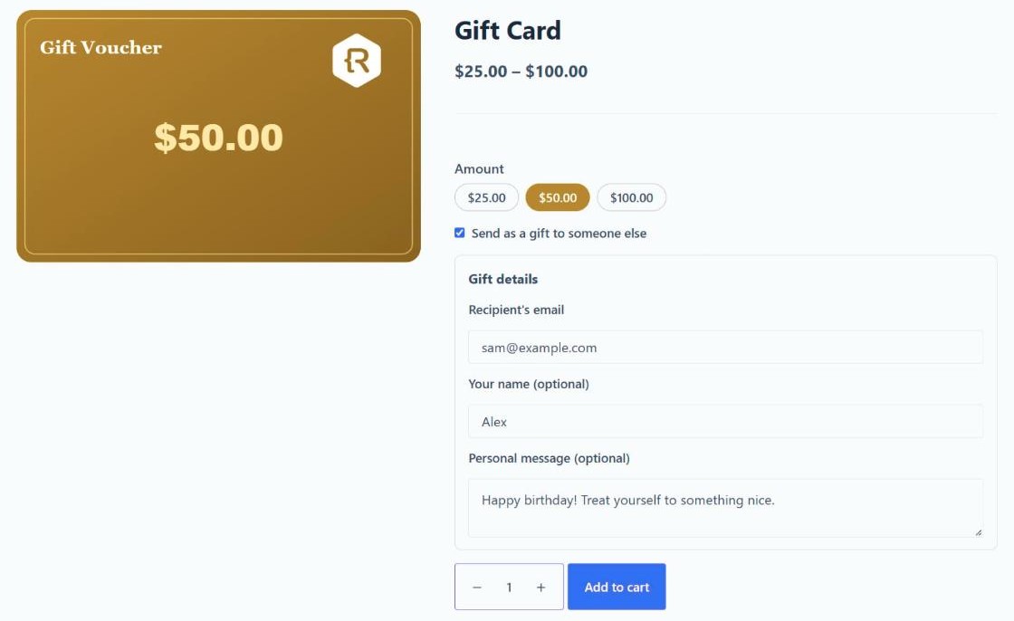 Gift card product page with 25, 50 and 100 amount buttons, a gift card image showing 50.00, and the send as a gift option ticked with recipient email, sender name and personal message fields
