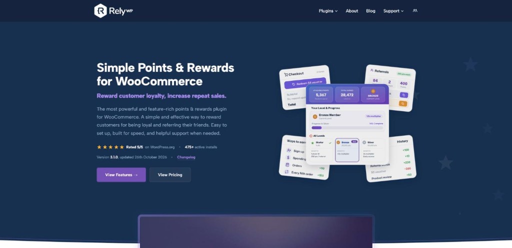Simple Points and Rewards for WooCommerce page on the RelyWP website, showing version 3.1.0, a 5/5 rating and 475+ active installs