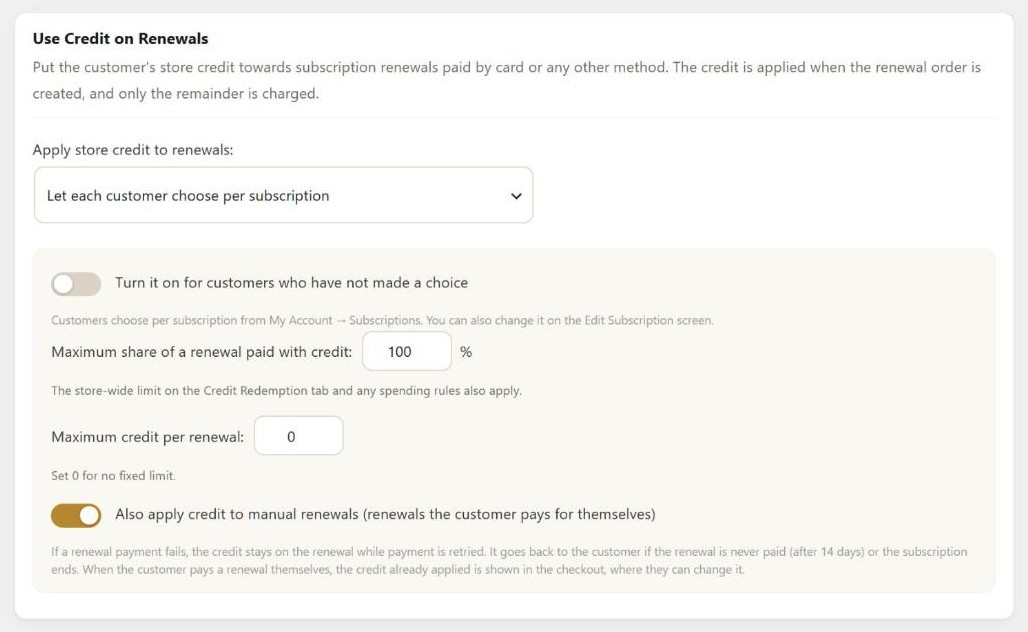 The Use Credit on Renewals settings in Simple Store Credit PRO, set to let each customer choose per subscription, with limits for the share of a renewal and the amount of credit per renewal