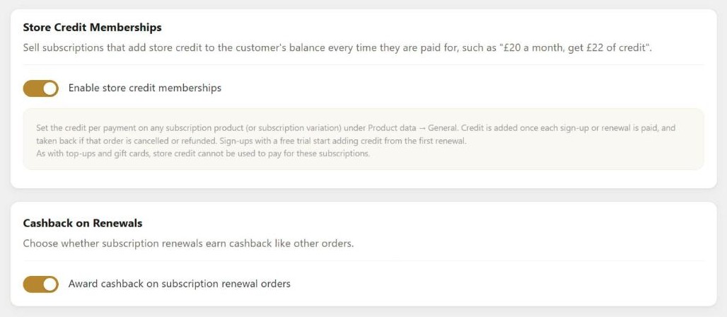The Store Credit Memberships and Cashback on Renewals settings in Simple Store Credit PRO, with memberships enabled and cashback on renewal orders switched on