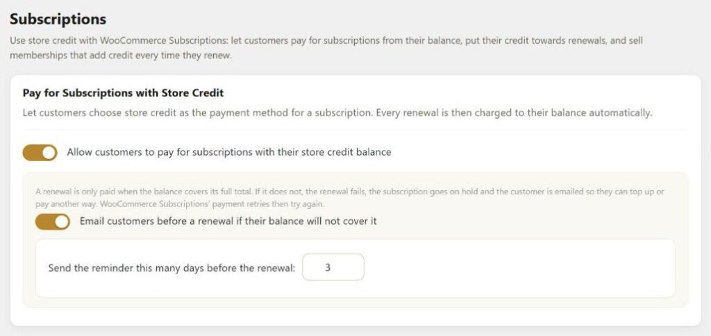 Simple Store Credit PRO Subscriptions settings: "Allow customers to pay for subscriptions with their store credit balance" switched on, with the low balance reminder sent 3 days before a renewal