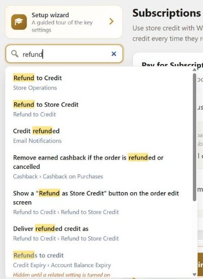 Searching the Simple Store Credit settings for "refund", with matching settings listed under the tab they are on and one flagged as hidden until a related setting is turned on