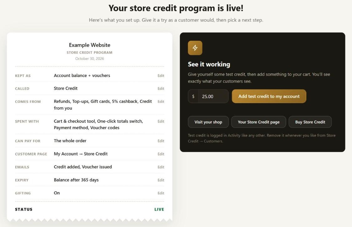 The last step of the Simple Store Credit setup wizard: a summary of the store credit program with Edit links, and a box to add test credit to your own account and try the checkout