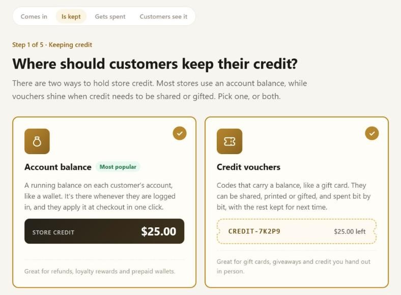 The Simple Store Credit setup wizard asking where customers should keep their credit, with preview cards for an account balance and a credit voucher