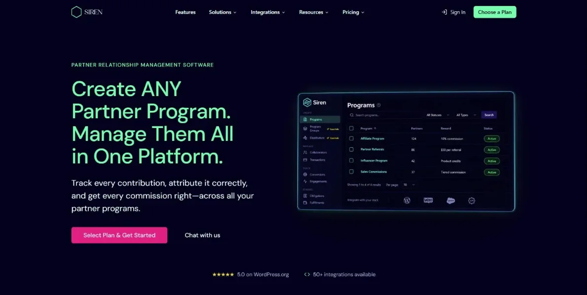 Siren Affiliates website homepage, partner relationship management software for WordPress and WooCommerce