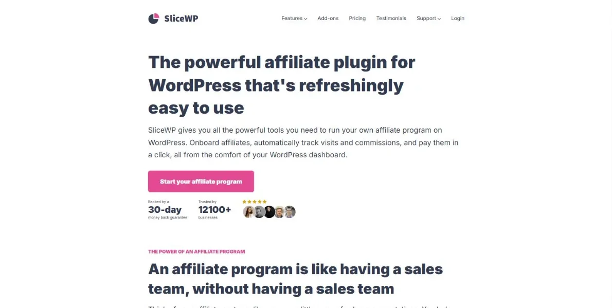 SliceWP website homepage, an affiliate plugin for WordPress