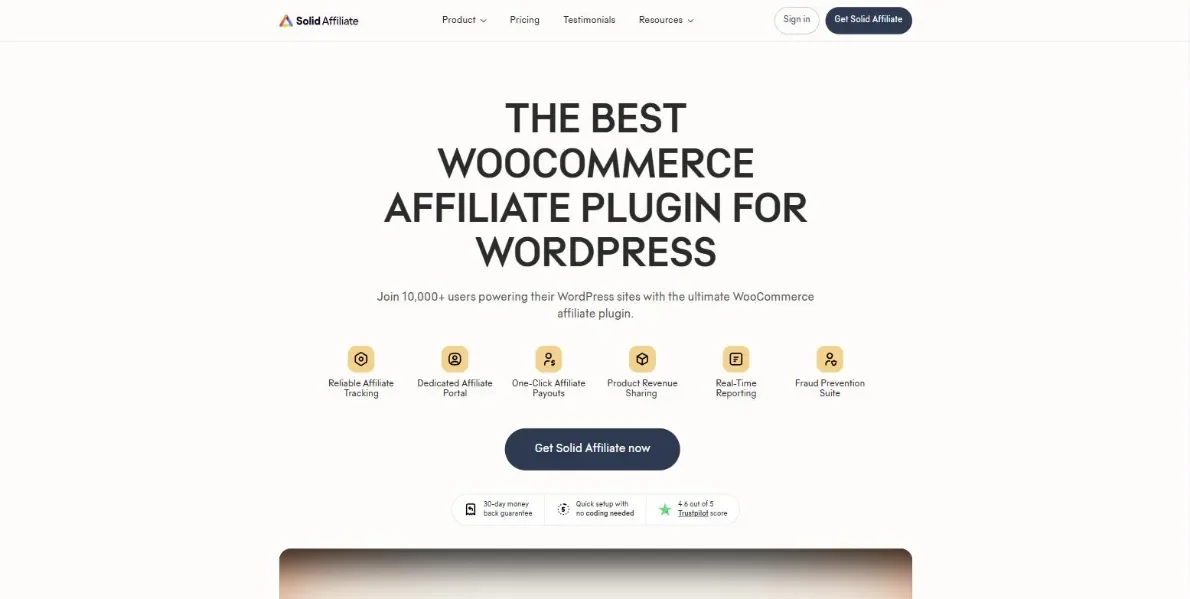 Solid Affiliate website homepage, a WooCommerce affiliate plugin for WordPress