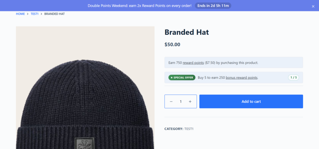 A Double Points Weekend banner with a countdown at the top of a product page