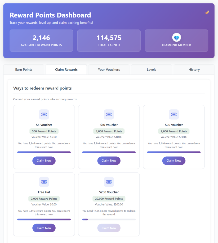 The Claim Rewards tab in the new card design, with a progress bar on each reward
