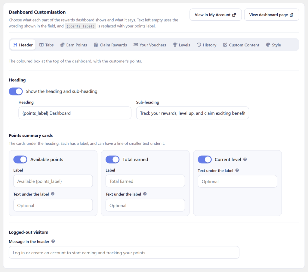 The Dashboard Customisation section in the settings, open on the Header sub-tab