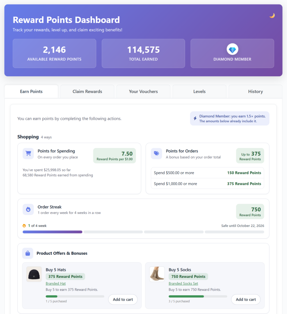 The Earn Points tab of the rewards dashboard in the new card design