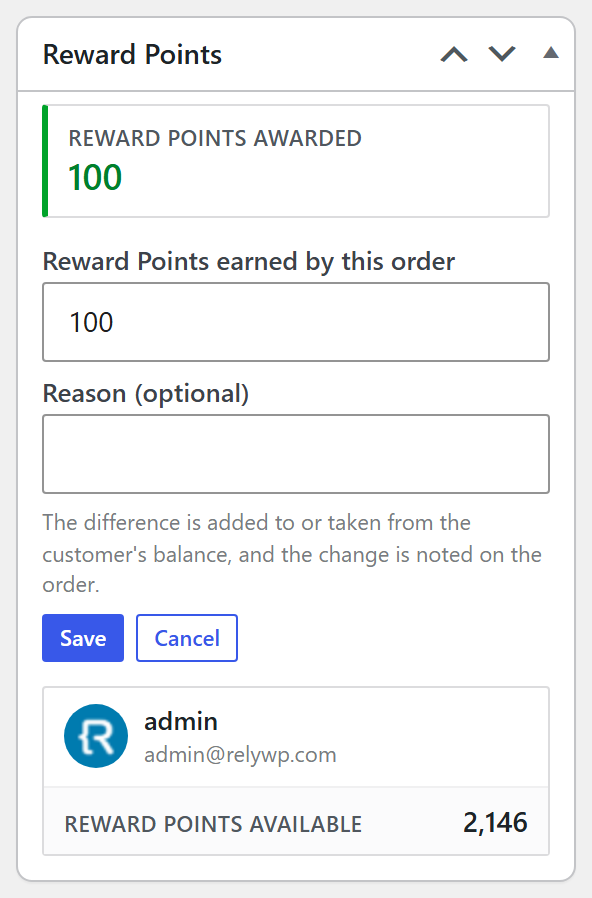 The Reward Points panel on the order edit screen with the Adjust points form open