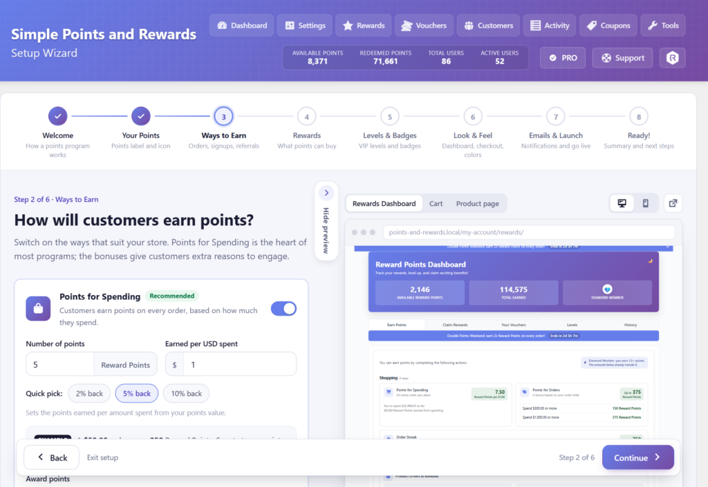 The setup wizard on the Ways to Earn step, with the live preview of the rewards dashboard open beside it