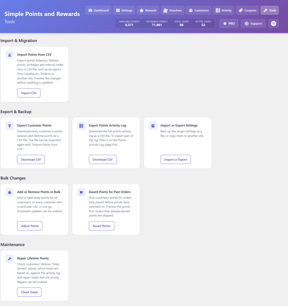 The new Tools page, with import, export, bulk change and maintenance tools