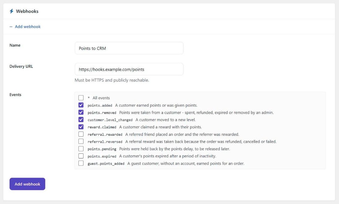 Adding a webhook in Simple Points and Rewards PRO, with a name, an HTTPS delivery URL and the events to send