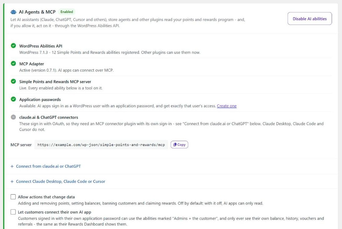 The AI & MCP tab, with status checks for the WordPress Abilities API, MCP Adapter, MCP server and application passwords, and the options to allow actions that change data and let customers connect their own AI app