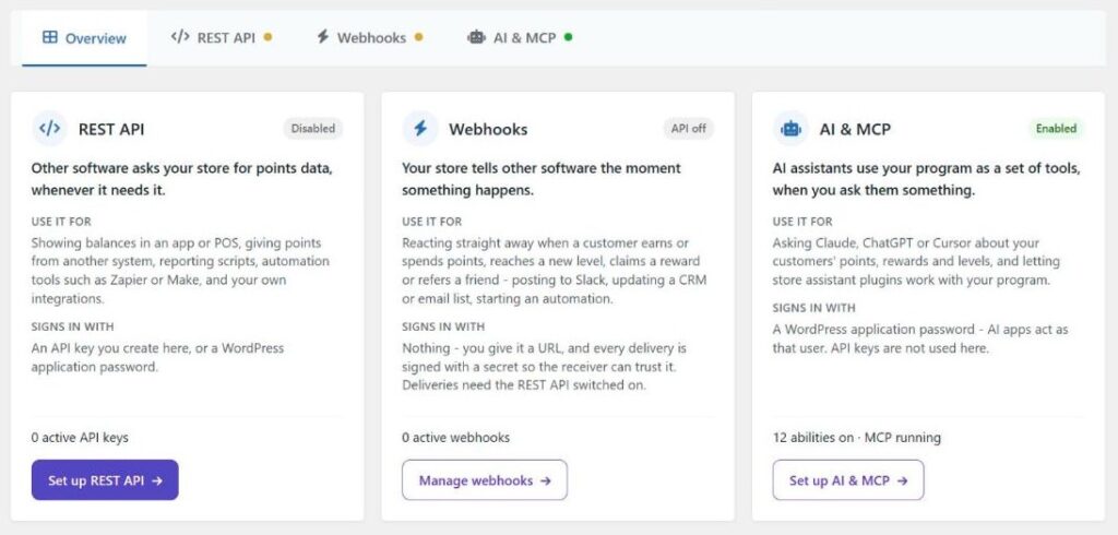 The API, Webhooks & AI page in Simple Points and Rewards, with cards for the REST API, Webhooks and AI & MCP