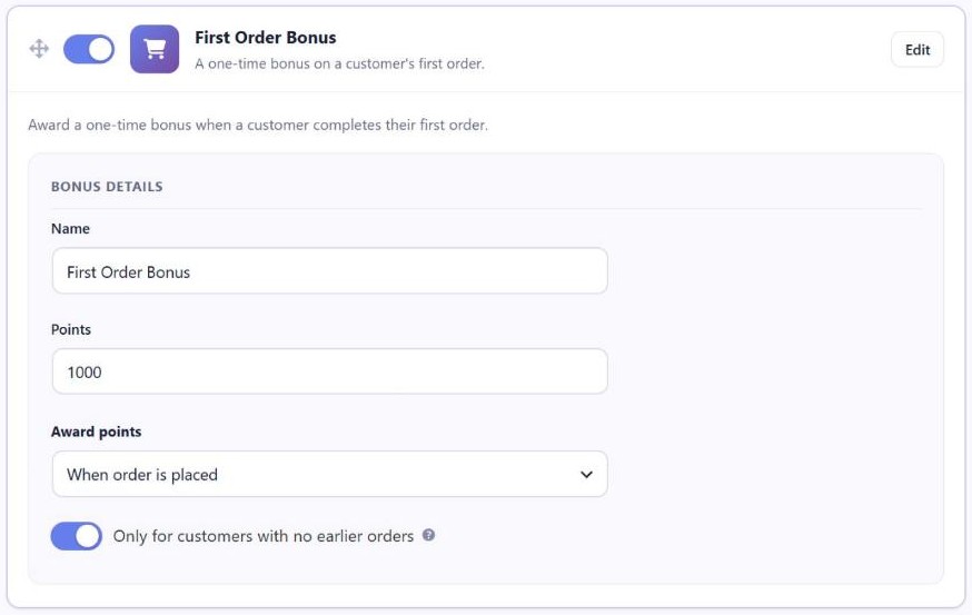 The First Order Bonus settings in Simple Points and Rewards PRO, with the new "Only for customers with no earlier orders" option switched on