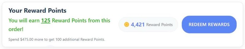 The rewards box on the WooCommerce cart page, telling the customer they will earn 125 points from the order and showing their points balance with a Redeem Rewards button