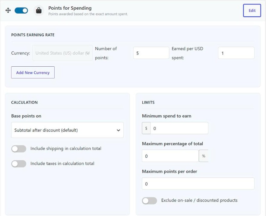 Points for Spending settings in Simple Points and Rewards, with 5 points earned per 1 USD spent, points based on the subtotal after discount, and the minimum spend and maximum points limits