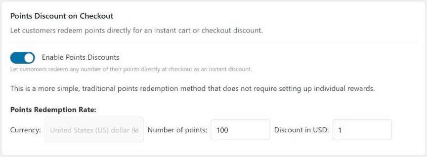 Points Discount on Checkout settings in Simple Points and Rewards, with Enable Points Discounts switched on and a redemption rate of 100 points for a 1 USD discount