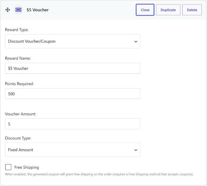 A Discount Voucher/Coupon reward in Simple Points and Rewards: a 5 USD voucher that costs 500 points, with a fixed amount discount type