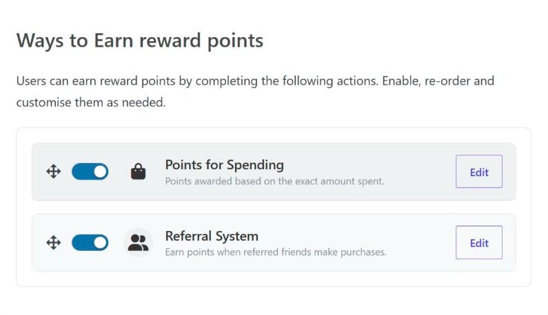 Ways to Earn settings in Simple Points and Rewards, with Points for Spending and the Referral System both switched on