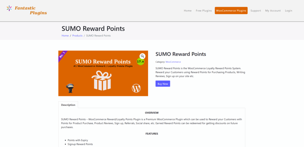 SUMO Reward Points product page on the Fantastic Plugins website